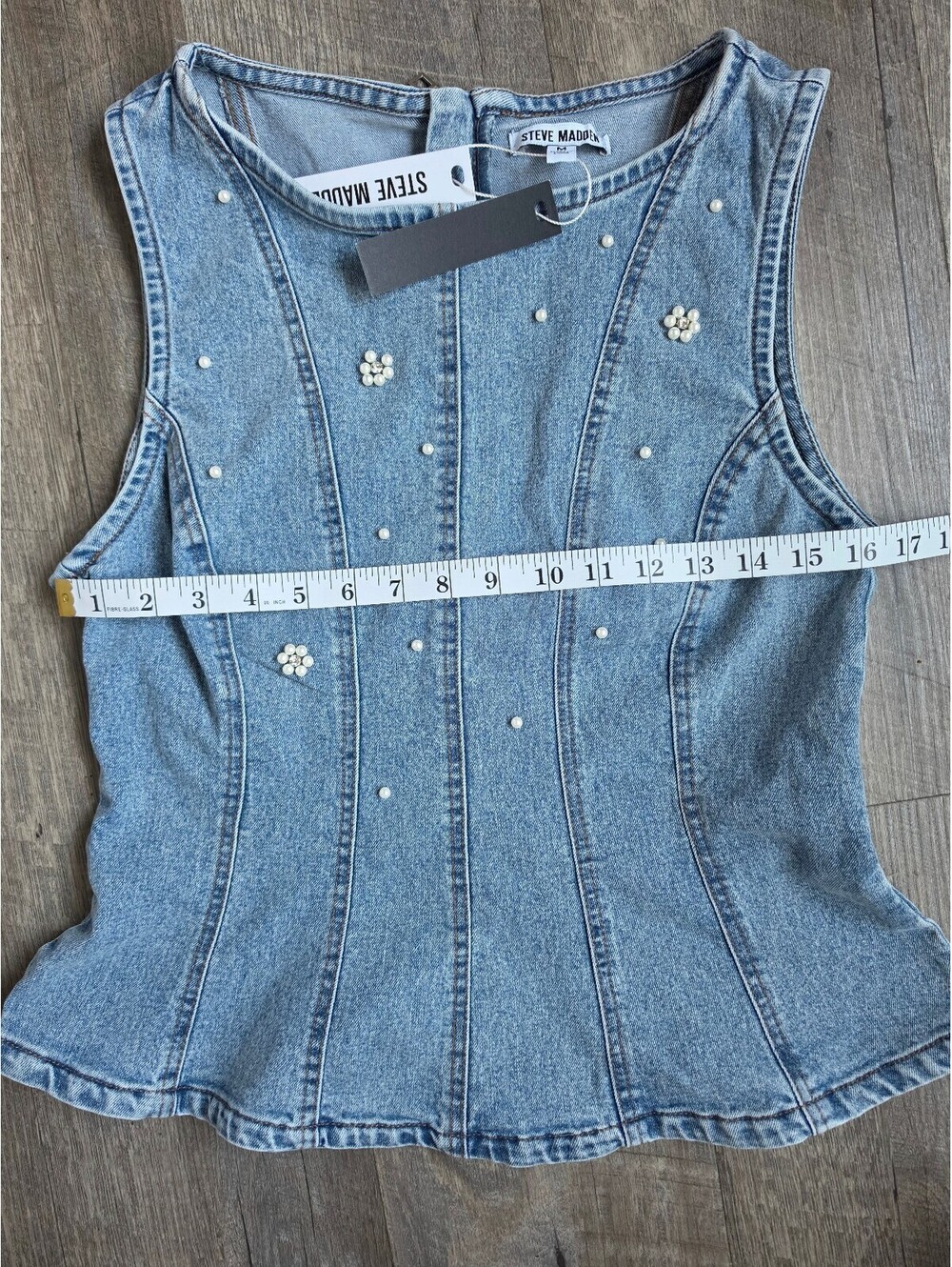 Steve Madden Women's Denim Sleeveless Top with Pearl Embellishments Size M - Picture 6 of 7